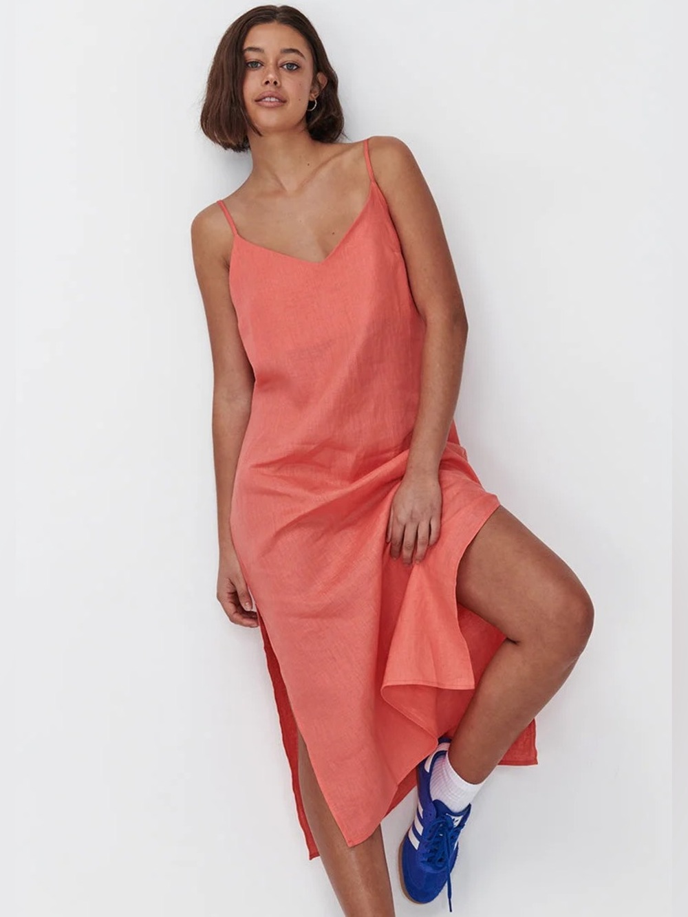 Ghanda Bright Coral 100% Linen midi Dress relaxed oversized